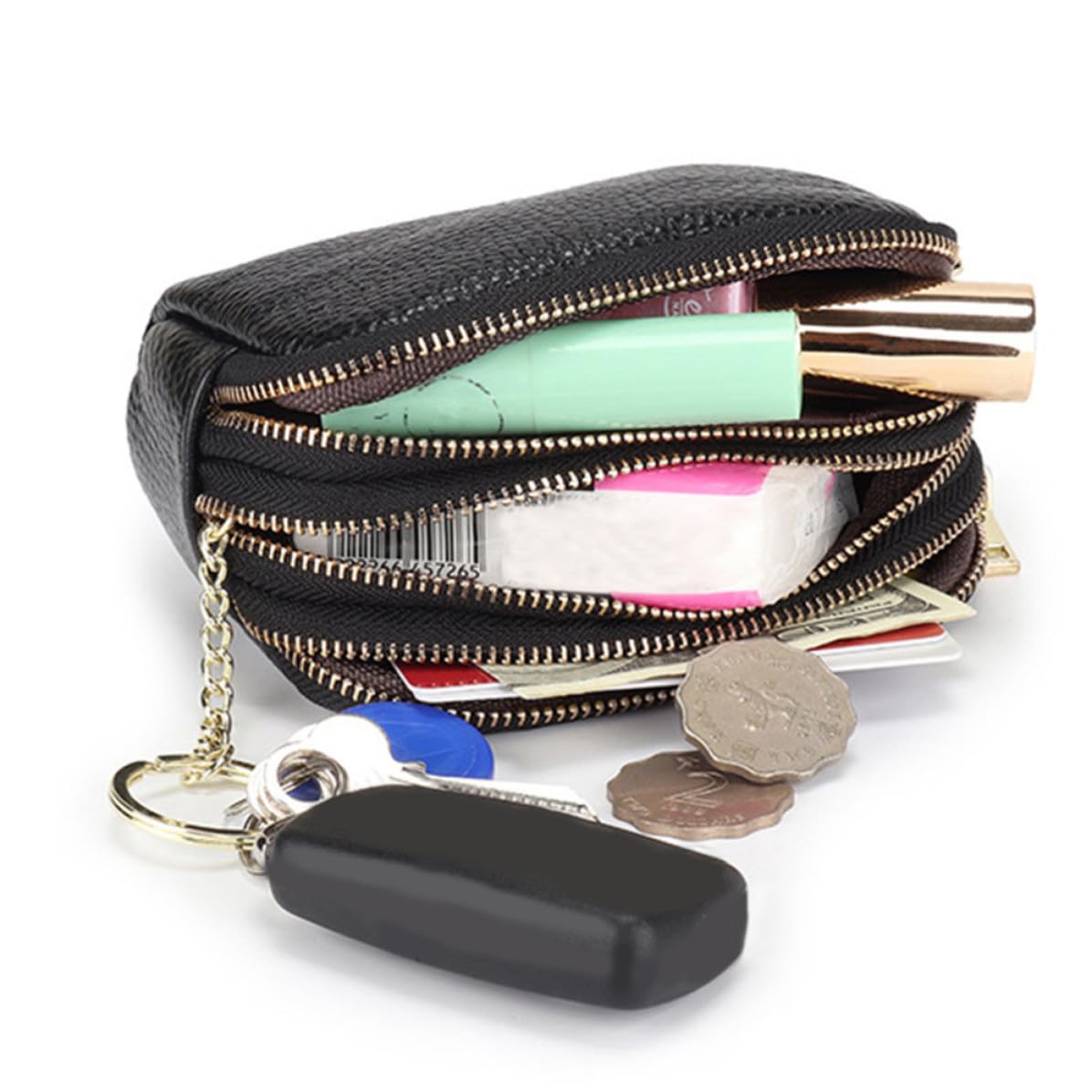 ABOOFAN Porte-Monnaie Noir en Cuir de Vachette à Fermeture Éclair