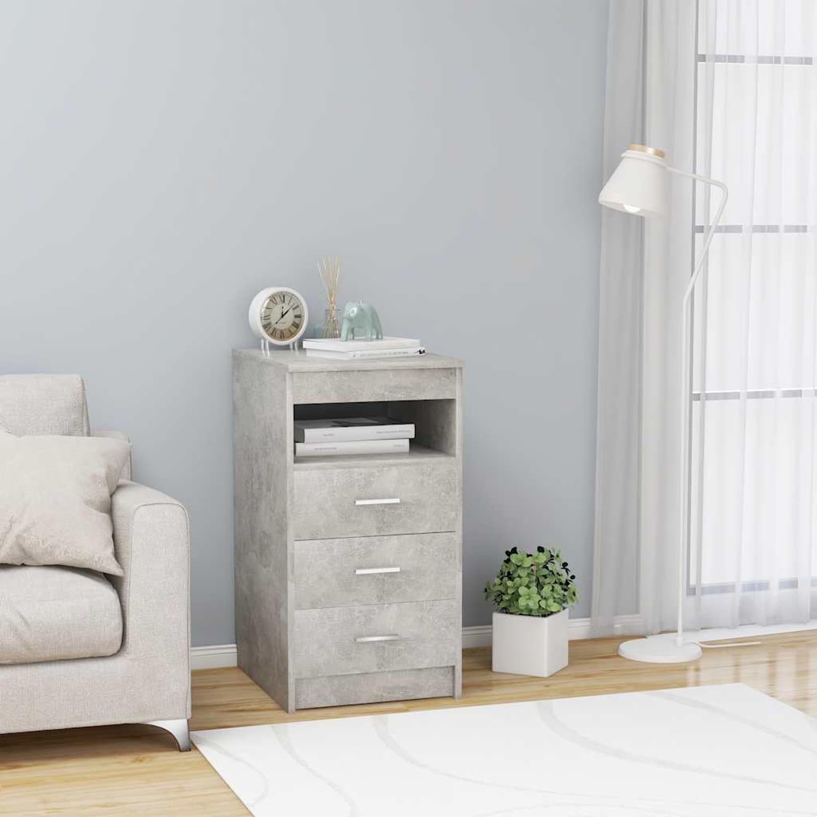 Schubladenschrank Sideboard 40x50x76 cm Betongrau aus Holzwerkstoff – kompakt mit 3 Schubladen & oberem Fach für Büroorganisation