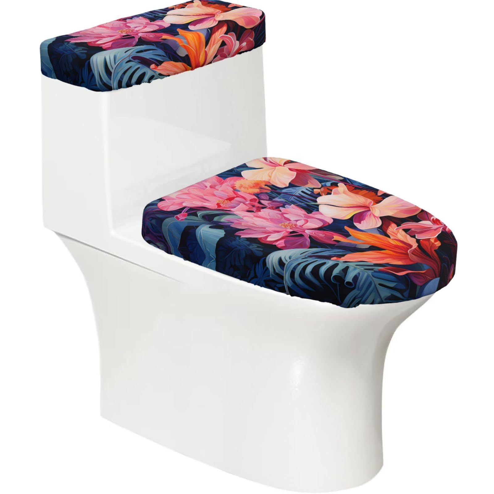 Colorful Tropical Plant Leaves 2-Piece Toilet Seat Cover Set with Tank Lid - Elastic for U-Shape & Elongated - Bathroom Decor