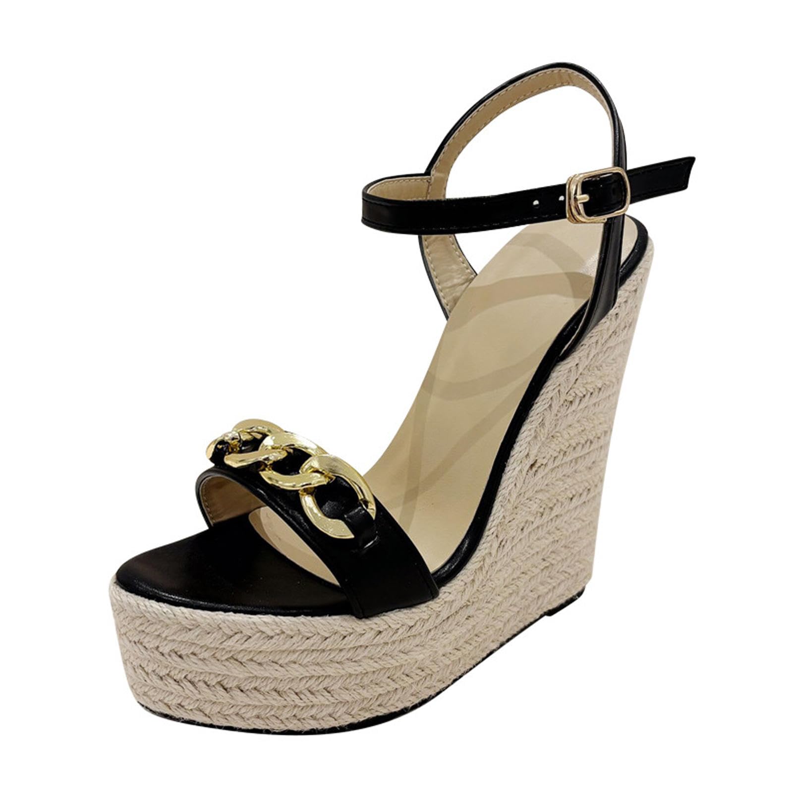 High Heels Damen Plateau Wedges Sandalen Slingback Knöchelriemen Offene Zehen Pumps Party Abendschuhe 14cm,Black-39