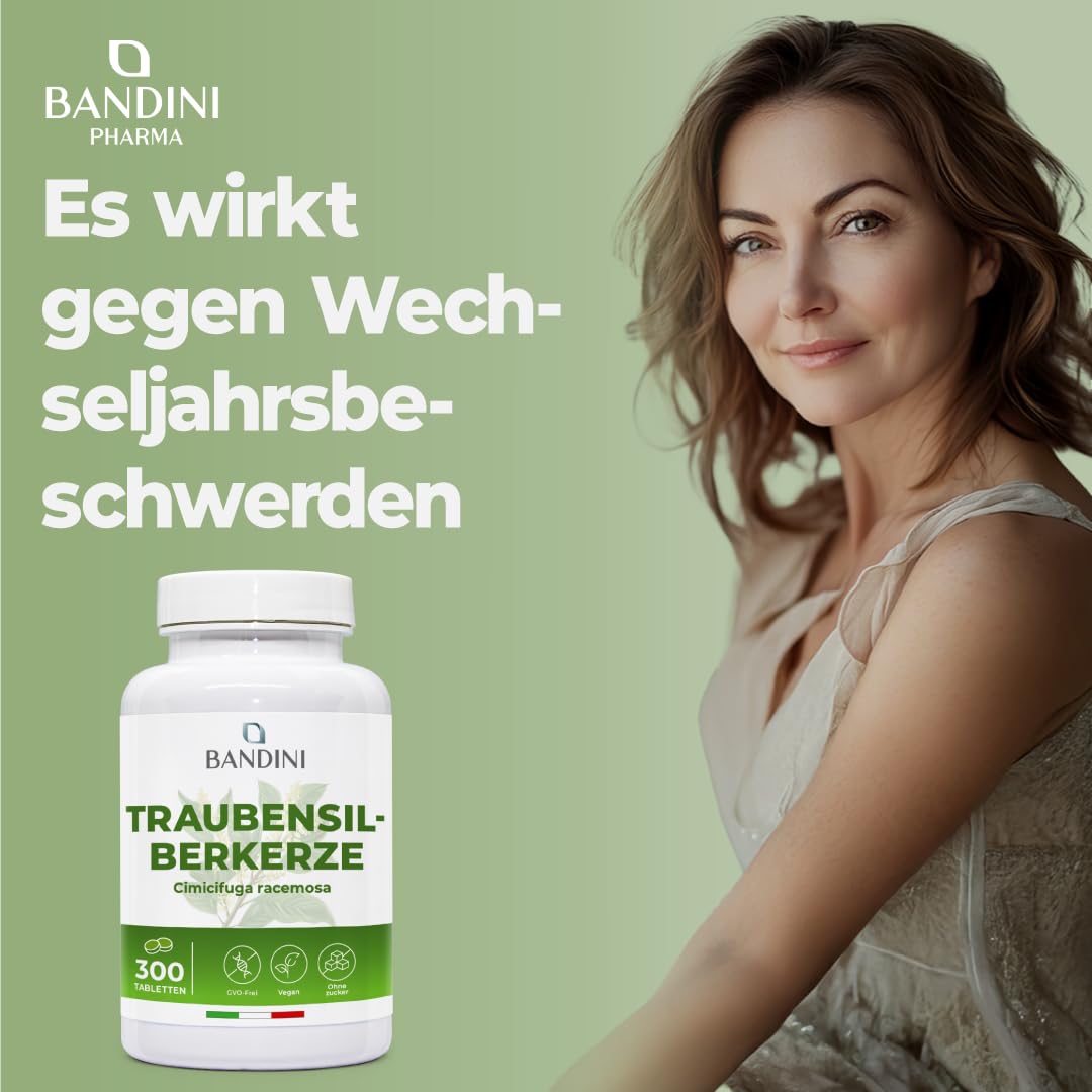 Bandini® Traubensilberkerze 300 Tabletten | Cimicifuga racemosa oder Actaea racemosa Hochdosiert mit 300mg pro Tagesdosis | Trauben-Silberkerze Extrakt | Black Cohosh | Natürlich und Vegan Supplement
