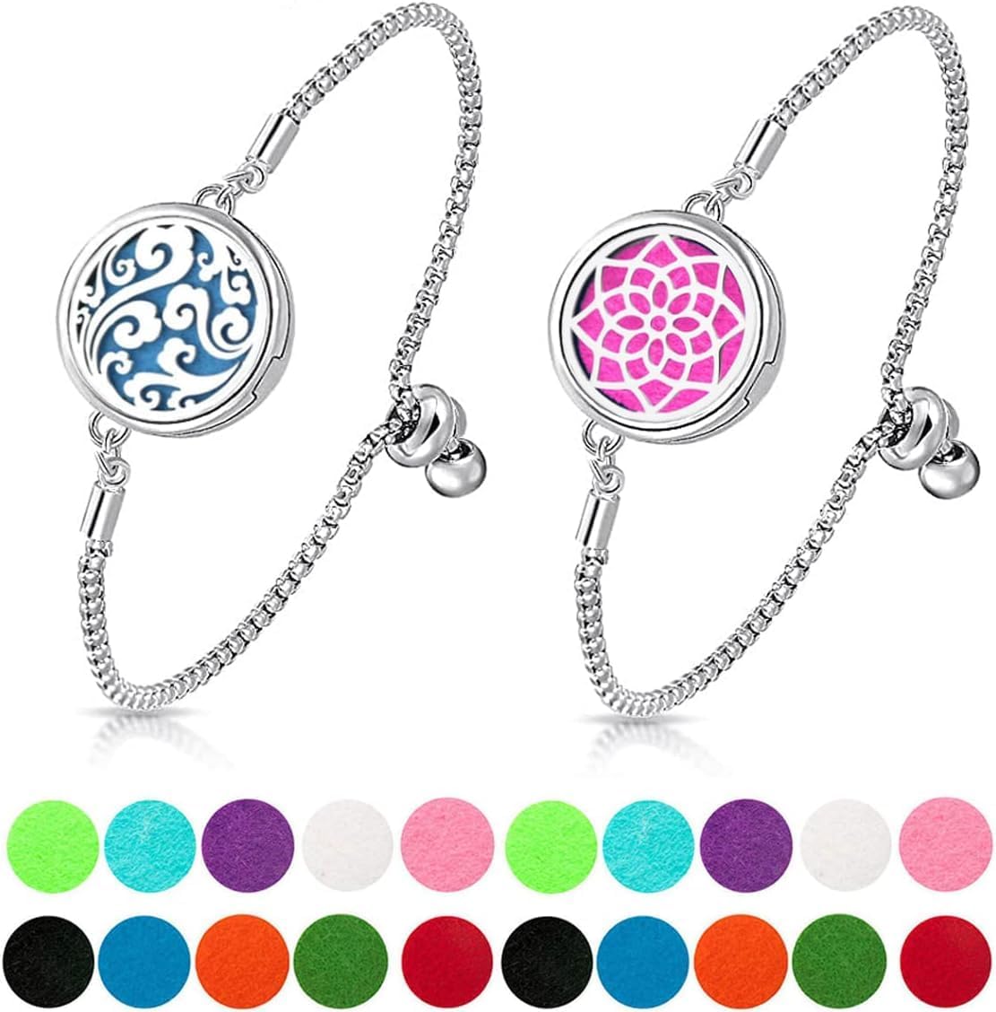 2 Packs Essential Oil Diffuser Bracelet, Stainless Steel Aromatherapy Diffuser Locket Adjustable Bracelet with 20 Colorful Unscented Refill Pads, Set for Girls Women