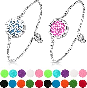 2 Packs Essential Oil Diffuser Bracelet, Stainless Steel Aromatherapy Diffuser Locket Adjustable Bracelet with 20 Colorful Unscented Refill Pads, Set for Girls Women