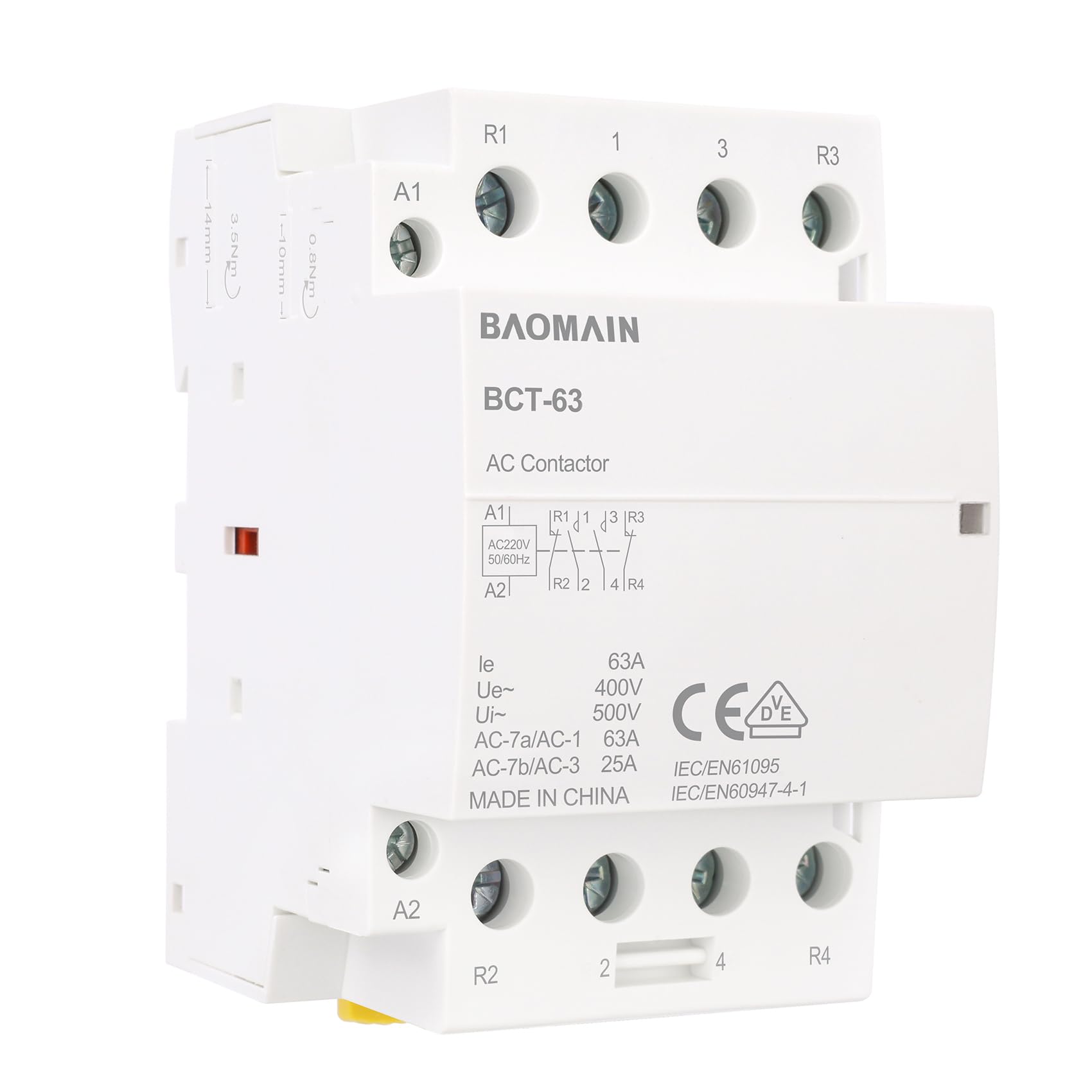 BAOMAIN Contattore CA, 2-poli NO, 2-poli NC, 63A, CA 220V Tensione bobina, 35 mm Montaggio su guida DIN, VDE Approvato, BCT-63