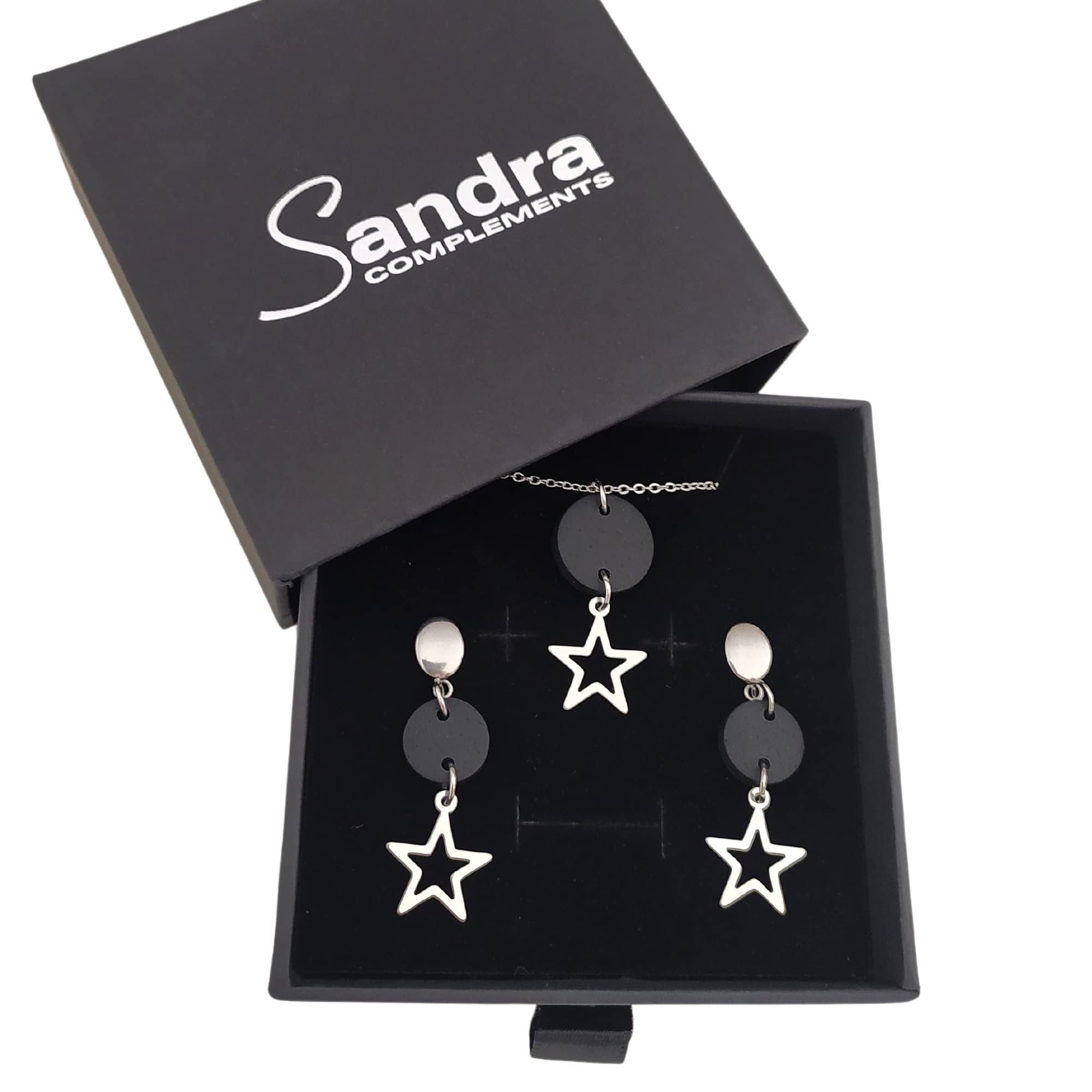 Pendientes estrella y Collar Estrella, Conjunto Estrella de collar y pendientes para mujer de acero inoxidable en color plata, Regalo original para Mujer