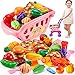 BUYGER Chariot de Courses Supermarché Enfant avec Dinette Aliment Fruits et Légumes Jouets à Couper, Accessoires Jeu de Cuisine Cadeau Educatif