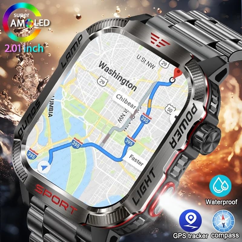 Dla Huawei Smart Watch dla Xiaomi wojskowy GPS inteligentny zegarek męski latarka kompas wodoodporny zewnętrzny sportowy tracker połączenia Bluetooth inteligentny zegarek (czarny silikonowy