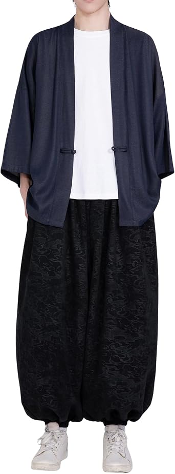 PRIJOUHE Men's Cotton Linen Kimono Jacket Lightweight Open Front Kimono Cardigan Japanese 3/4 Sleeve Yukata Coat