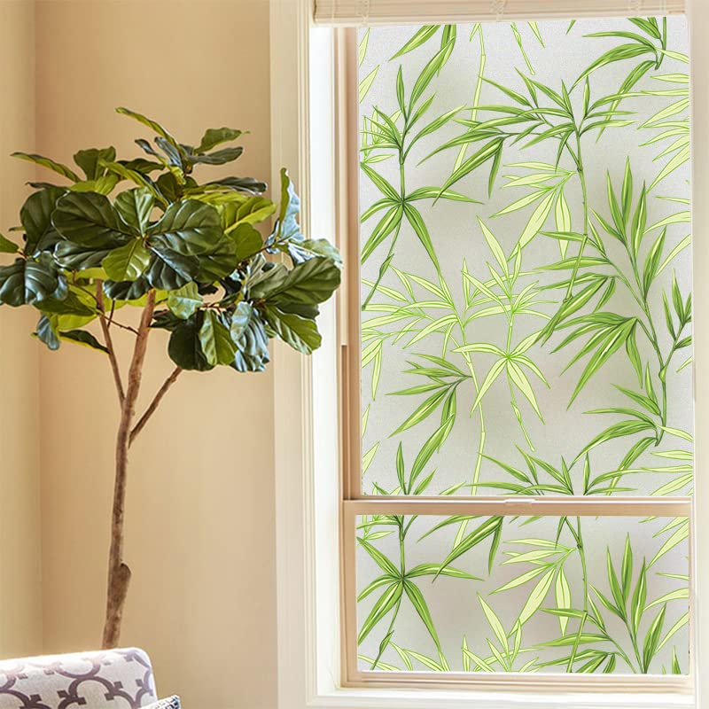 Folia przyciemniająca szyby 3D zielone liście bambusa wzór bez kleju elektrostatyczna folia szklana okno nieprzezroczyste drzwi przesuwne do domu łazienka Folia okienna(60x500cm)