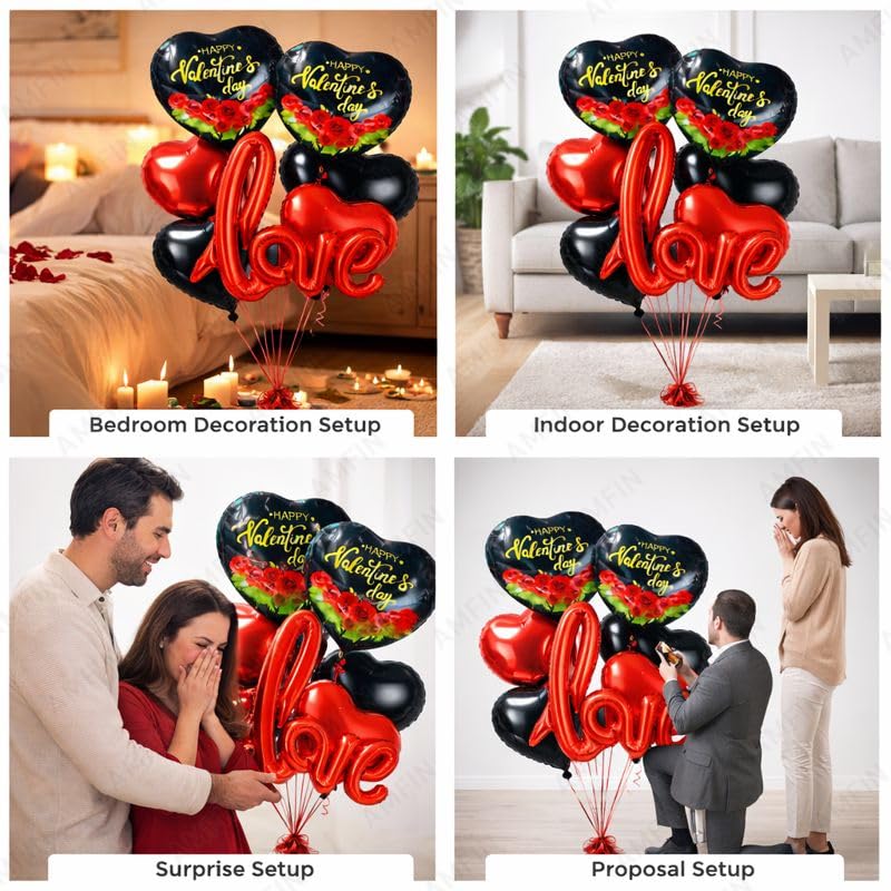 Image of AMFIN (Pack of 7) Happy Valentine's Day Foil Balloon Bouquet Love Cursive Heart Romantic Decoration Item - Red Black