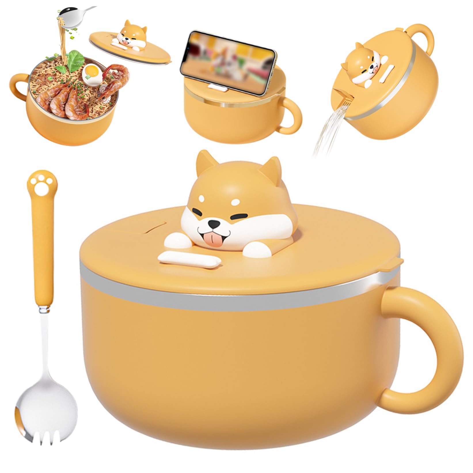 Wedhapy Instant Noodle Bowl Instant Noodle Bowl with Handles 1200ml Ramen with Lid and Spoon Portable Microwave Safe Ramen Cooker for Soup, Noodles