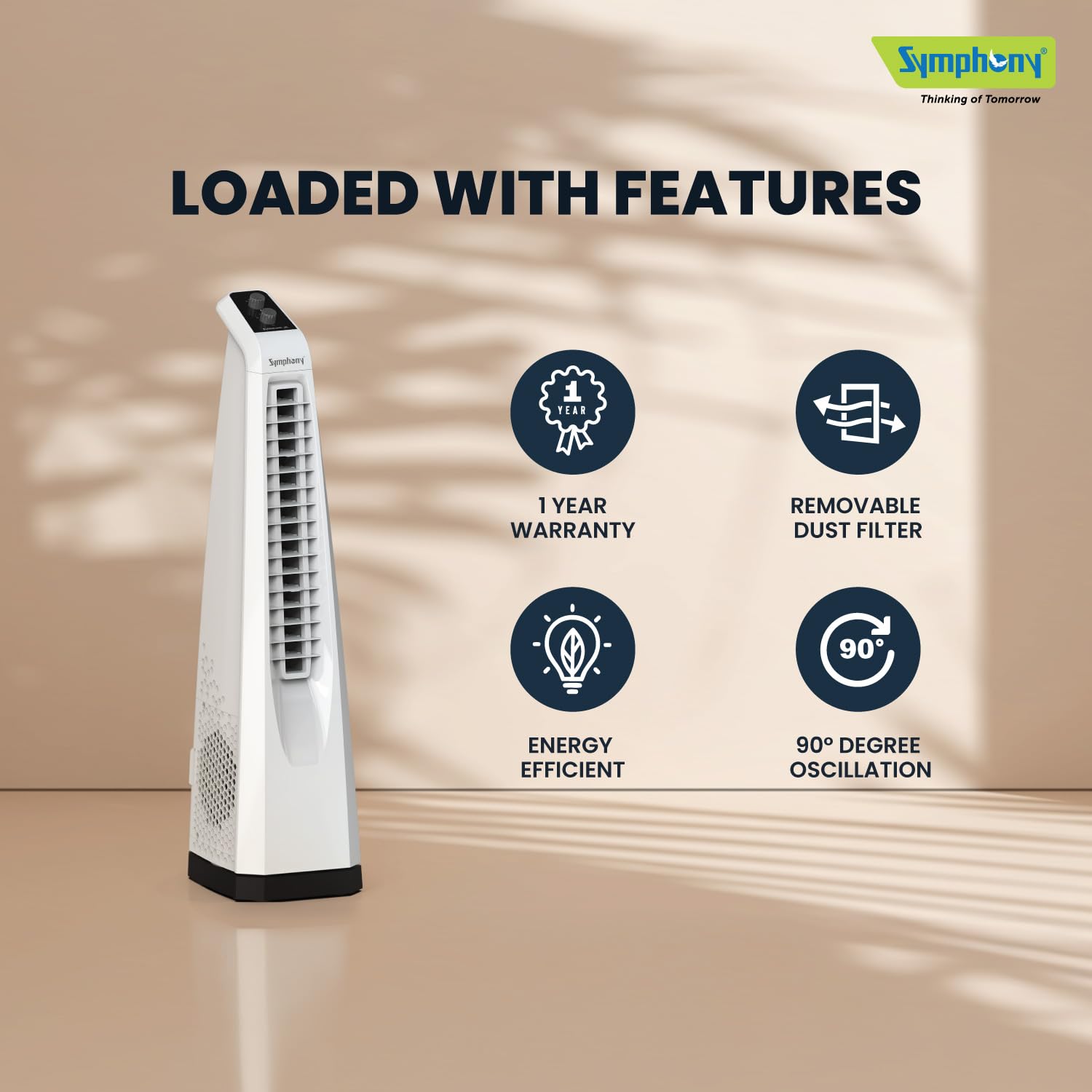 Symphony Surround JR Bladeless Tower Fan for Room | Quiet Personal Fan for Home & Office with 90° Oscillation & Turbo Throw | Knob Control | 1 Year Warranty | White 2