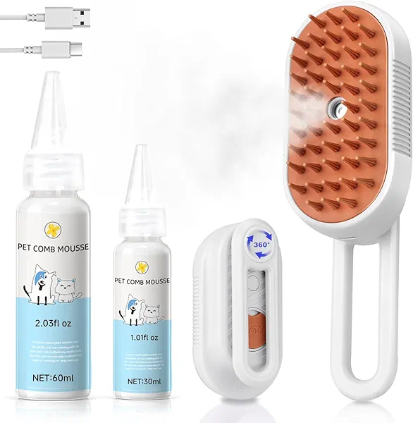 Steam Brush for Cat & Dog – 3-in-1 Spritz Pet Spray Hair Removal Comb for Grooming & Shedding Steam – Water Brush for Long & Short Haired Pets– Includes Two Bottles Waterless Shampoo