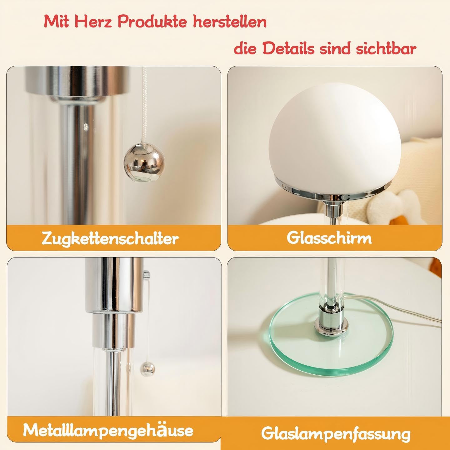 Moderne Nordische LED-Tischlampe,Pilz Lampe,Glas-Bauhaus-Tischlampe Pilzlampen Tischlampe mit 3 Helligkeitsmodi.