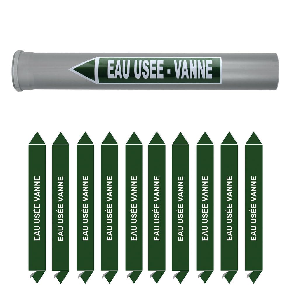 Planche de 10 marqueurs de tuyauterie EAU (Ø DM 32 à 60) pour fluide EAU USÉE - VANNE / 200 x 26mm