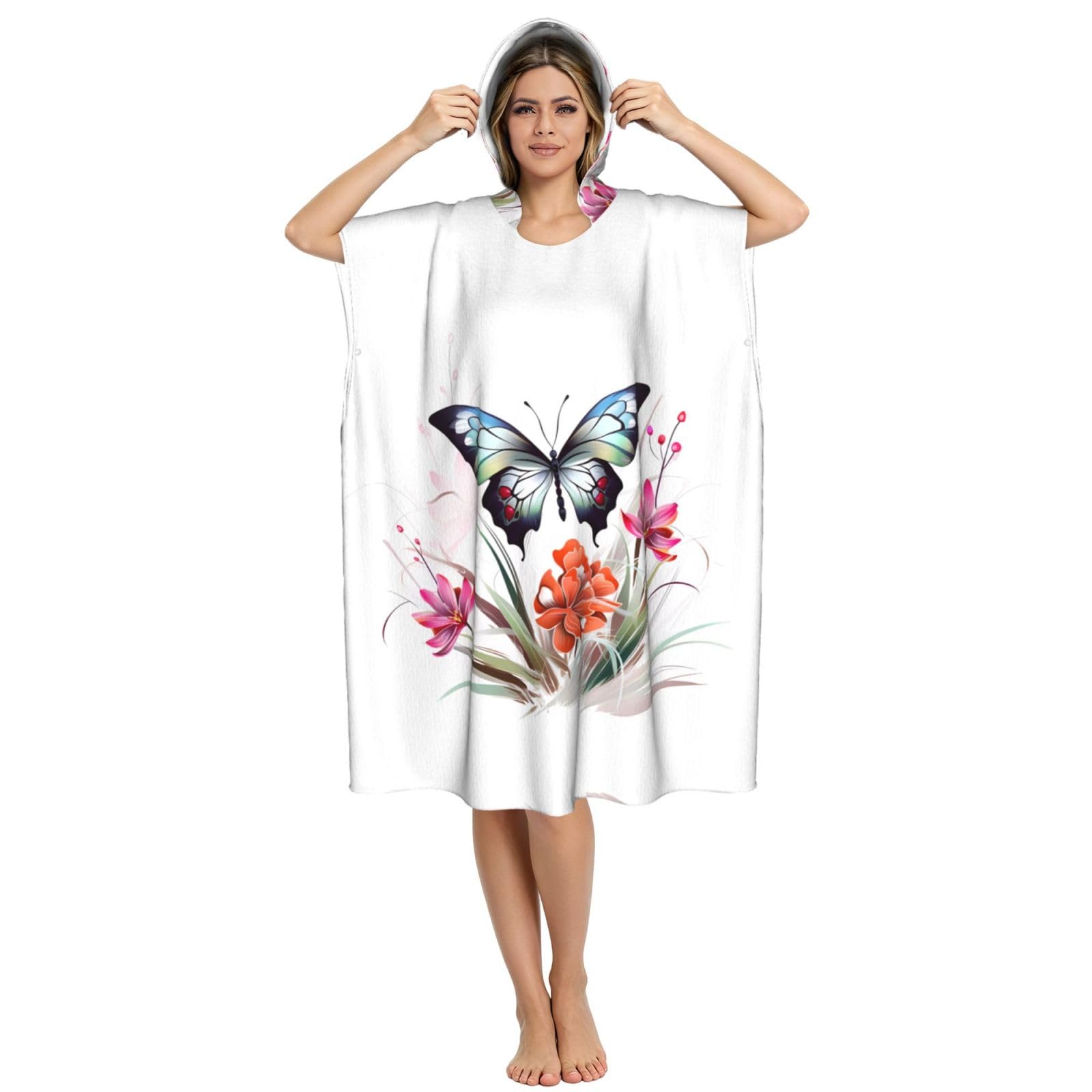 Strandtuch mit Kapuze und Schmetterlings-Aufdruck, Poncho für Erwachsene, Mikrofaser, Wickelmantel, Bademantel, Sommer, Strandtuch