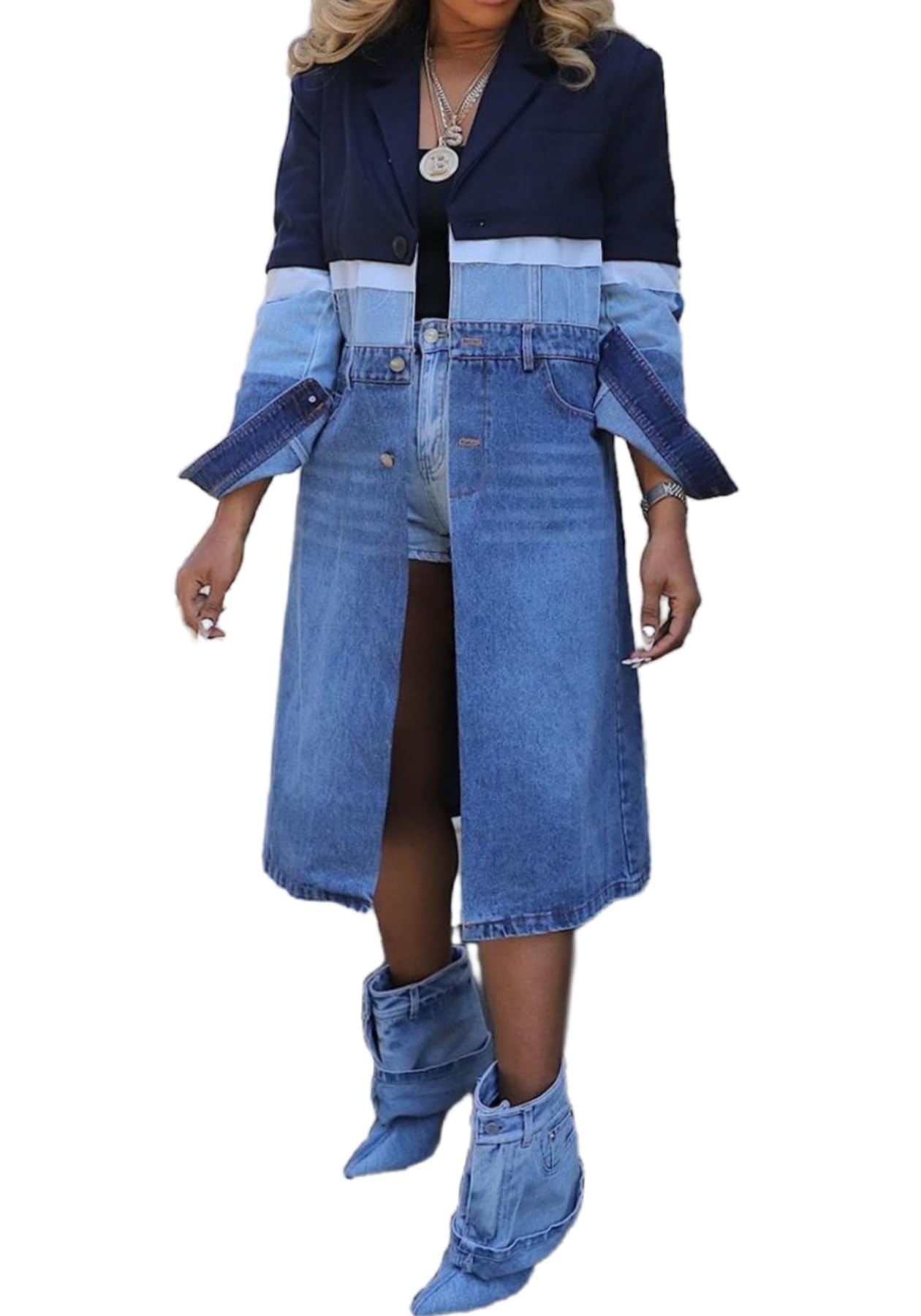 Vaceky Denim Trench Coat Women Patchwork Notched Lapel Lightweight Blazers Suit Jacket with Pockets