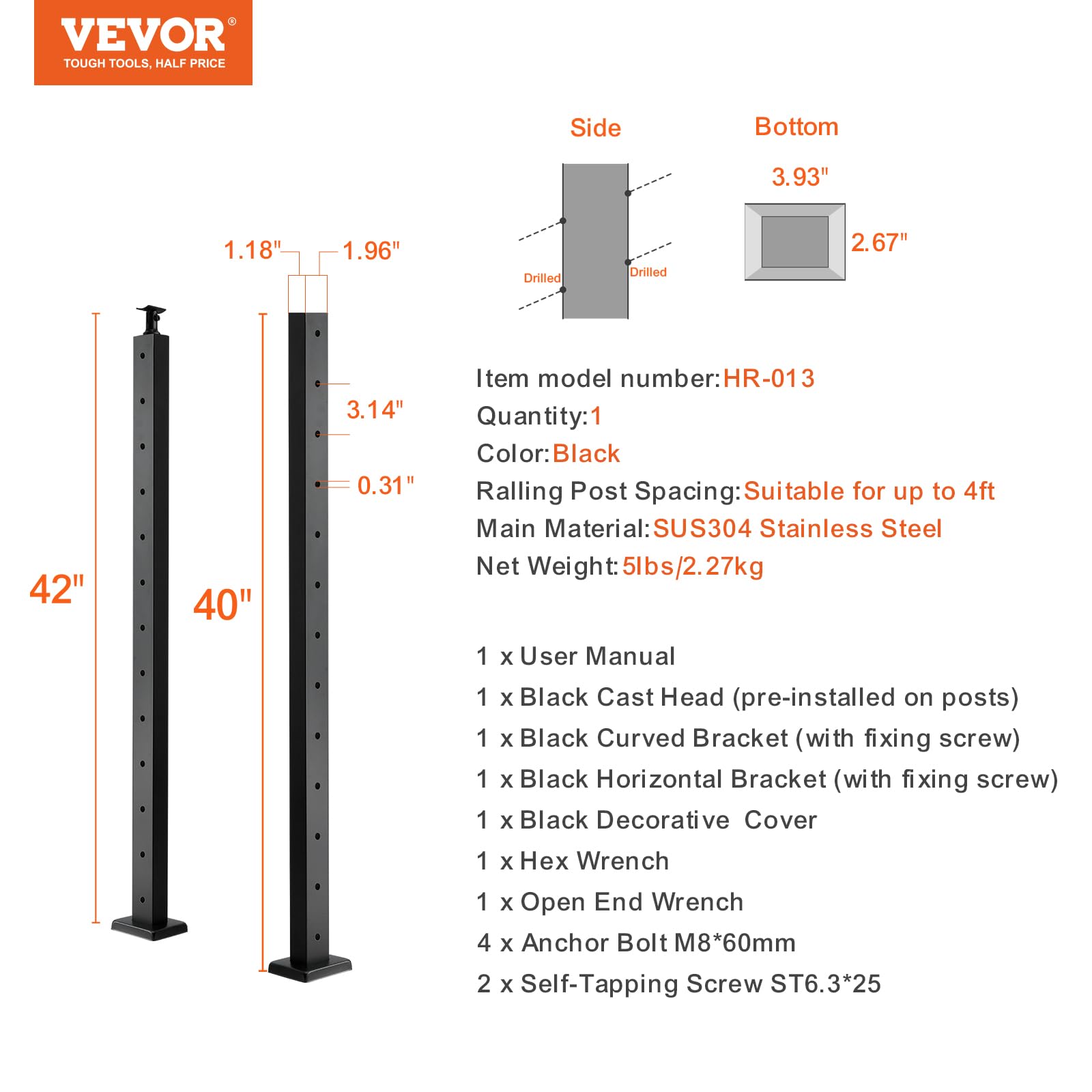 VEVOR Poste de Barandilla para Cable 106,7x2,5x5 cm Poste de Barandilla de Cubierta Kit de Poste de Barandilla de Escalera de Acero Inoxidable con Soporte de Montaje, Negro, LGZH106.72.55CQ93V0