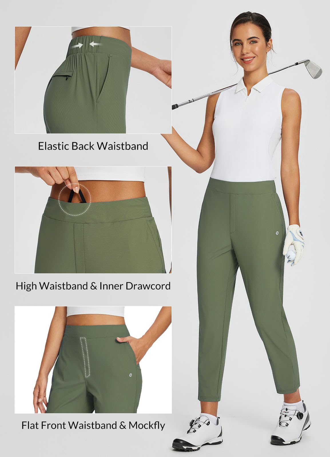 baleaf Pantalon de golf stretch pour femme avec poches zippées - Petite cheville - Robe de voyage - Travail - Affaires - Décontracté