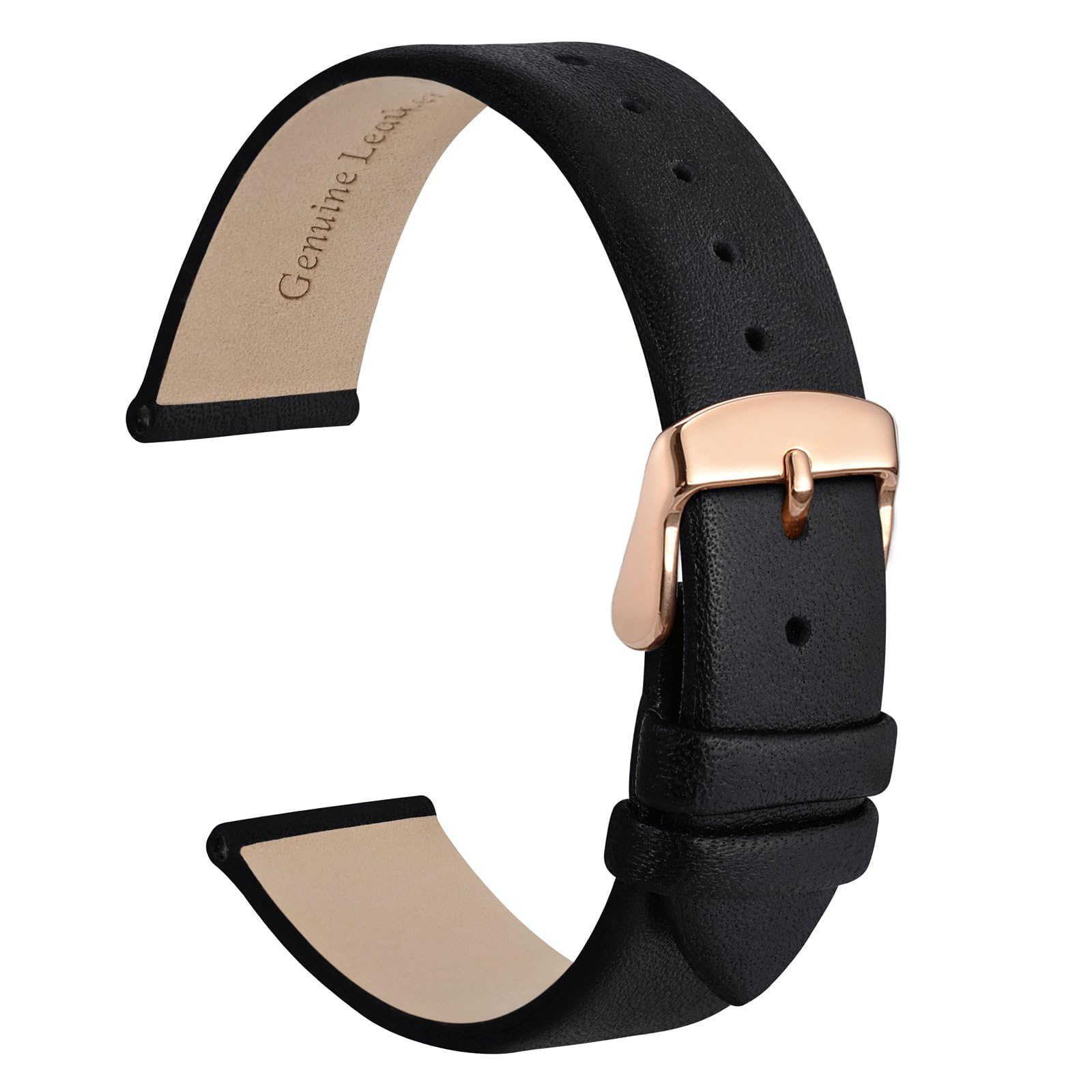 WOCCI 13mm Lug Width, Elegant Watch Band, Genuine Leather Replacement Strap with Rose Gold Buckle (Black)