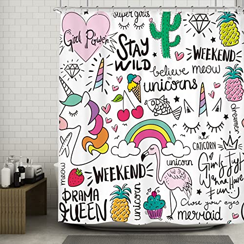 Riyidecor Unicorn Shower Curtain 72Wx72H Inch Cartoon Kids Girls Teens Fairy Rainbow Cute 12 Hooks Flamingo Cactus Pineapple Decor Bathroom Set Fabric Polyester Waterproof #TOP1