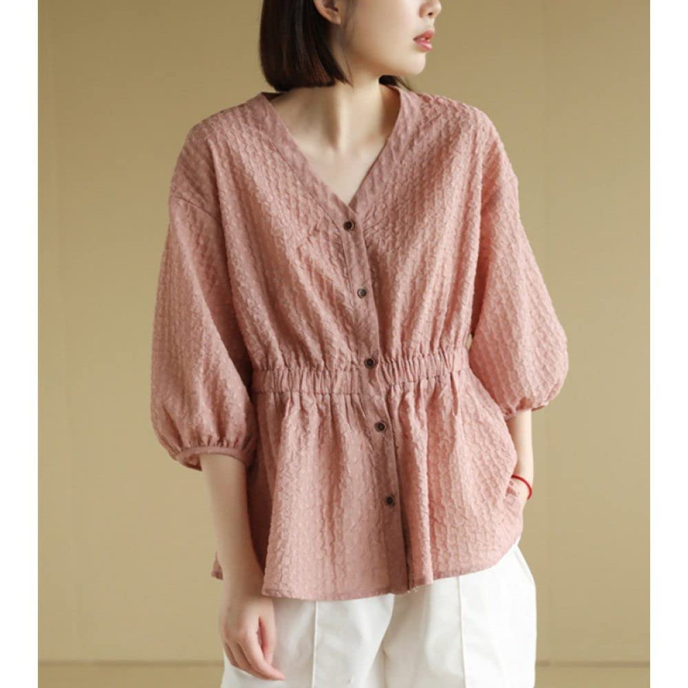 MIDJ Tops Für Damen,Damen Leinenbluse Sommer Puff Kurzarm Shirts Rosa Jacquard V-Ausschnitt Basic Oberteile Lässige Elegante Bluse T-Shirt Lockere Bluse Tunika Sweatshirt Oberteile Für Frauen