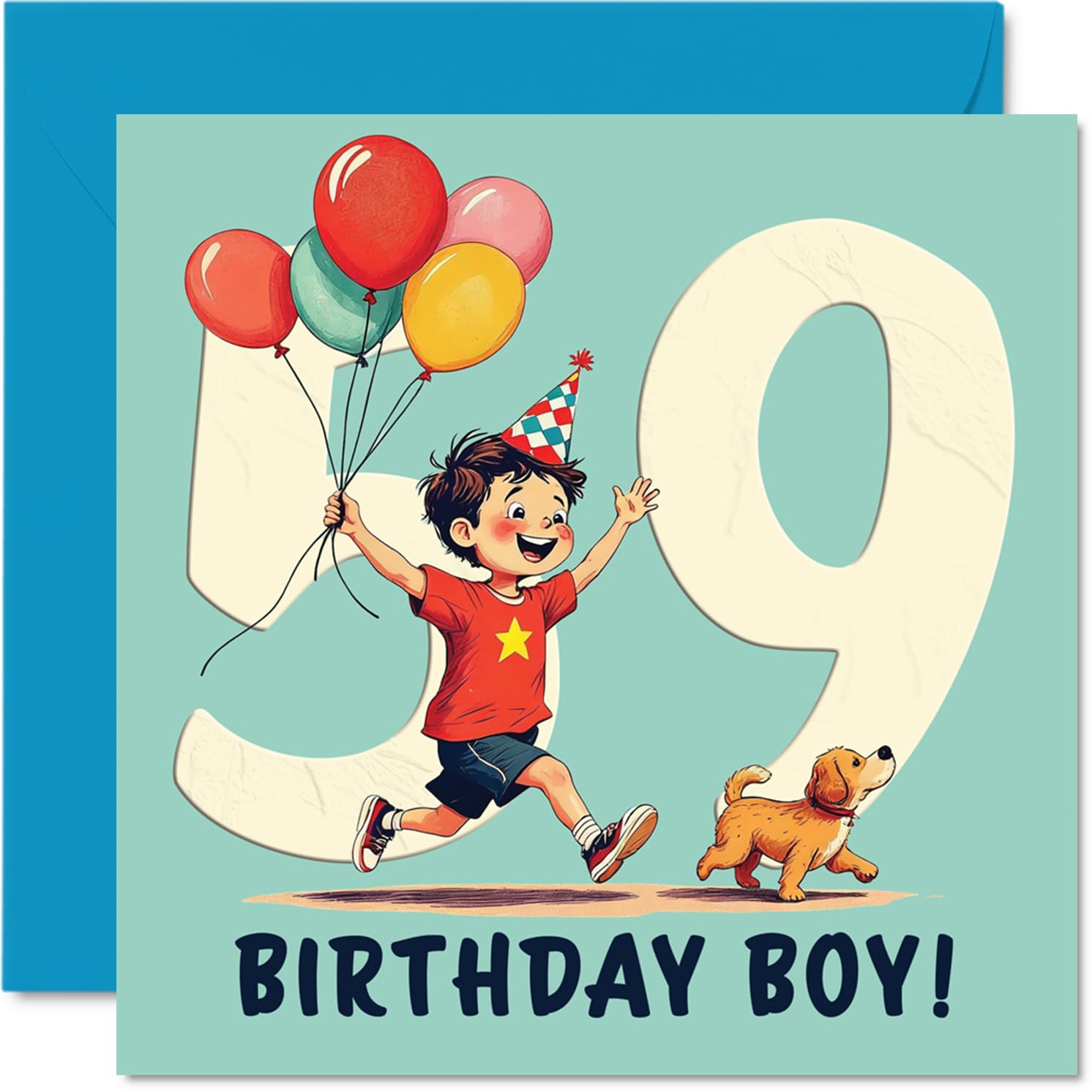 59th Birthday Cards for Men - Balloon Boy - Happy Birthday Card for 59 Year Old Man Nephew Husband Cousin Uncle, 145mm Bday Greeting Cards