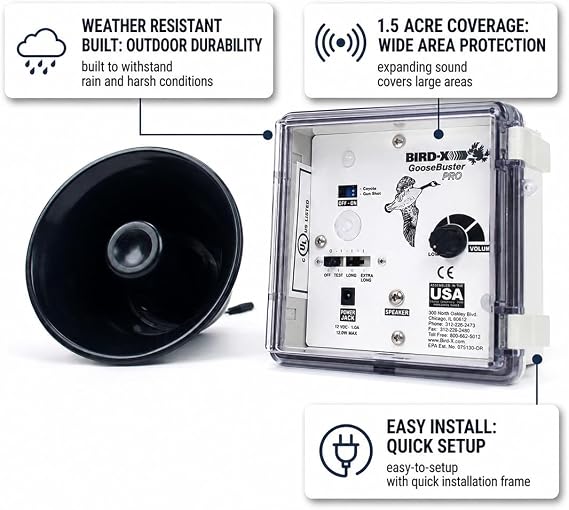 Bird-X GooseBuster PRO, Sonic Goose Decoy Device with a Speaker, Uses Naturally Recorded Sounds, Easy to Install, Covers up to 1.5 Acres, 5001500 Hz Frequency