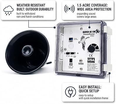 Bird-X GooseBuster PRO, Sonic Goose Decoy Device with a Speaker, Uses Naturally Recorded Sounds, Easy to Install, Covers up to 1.5 Acres, 5001500 Hz Frequency