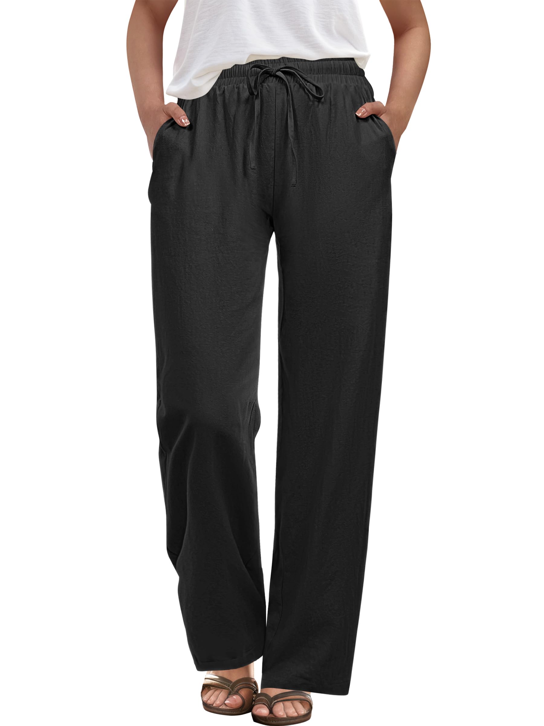 ANRABESS Womens Casual Pants Summer High Waist Drawstring Loose Fit Straight Leg 2026 Comfy Lounge Trousers with Pockets