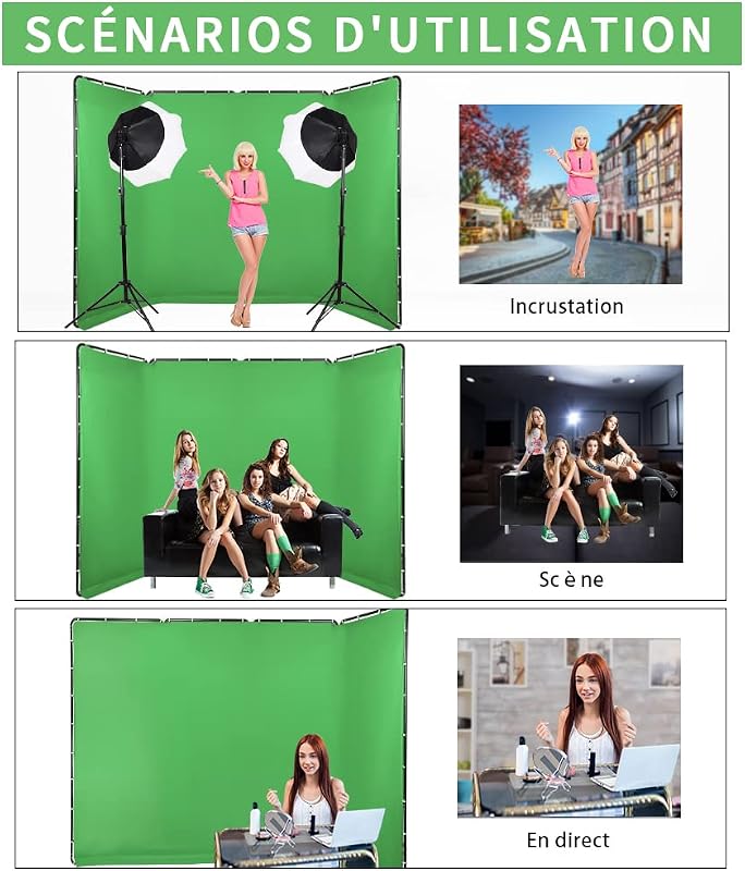 GSKAIWEN Hordozható Zöld Háttér Fotózáshoz és Videózáshoz - 4x2,4m Stúdió Greenscreen Szett Hordtáskával és Rögzítőelemekkel