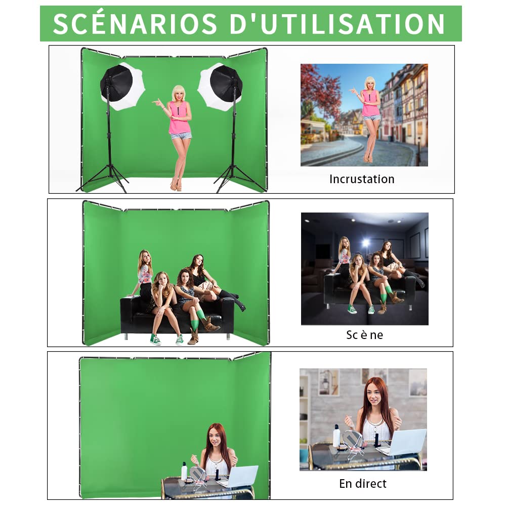 Écran Vert 2,4 m x 4 m (7.87’ x 13.12’) Grand Incrustation Portable Toile de Fond Système de Support de Photographie pour Tournage Vidéo de Studio, en Direct, Soirée, Scène