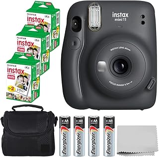 Fujifilm Instax Mini 11 Instant Camera - Charcoal Grey (16654786) + Fuji Instax Mini Twin Pack Instant Film (60 Sheets) + Batteries + Case - Instant Camera Bundle