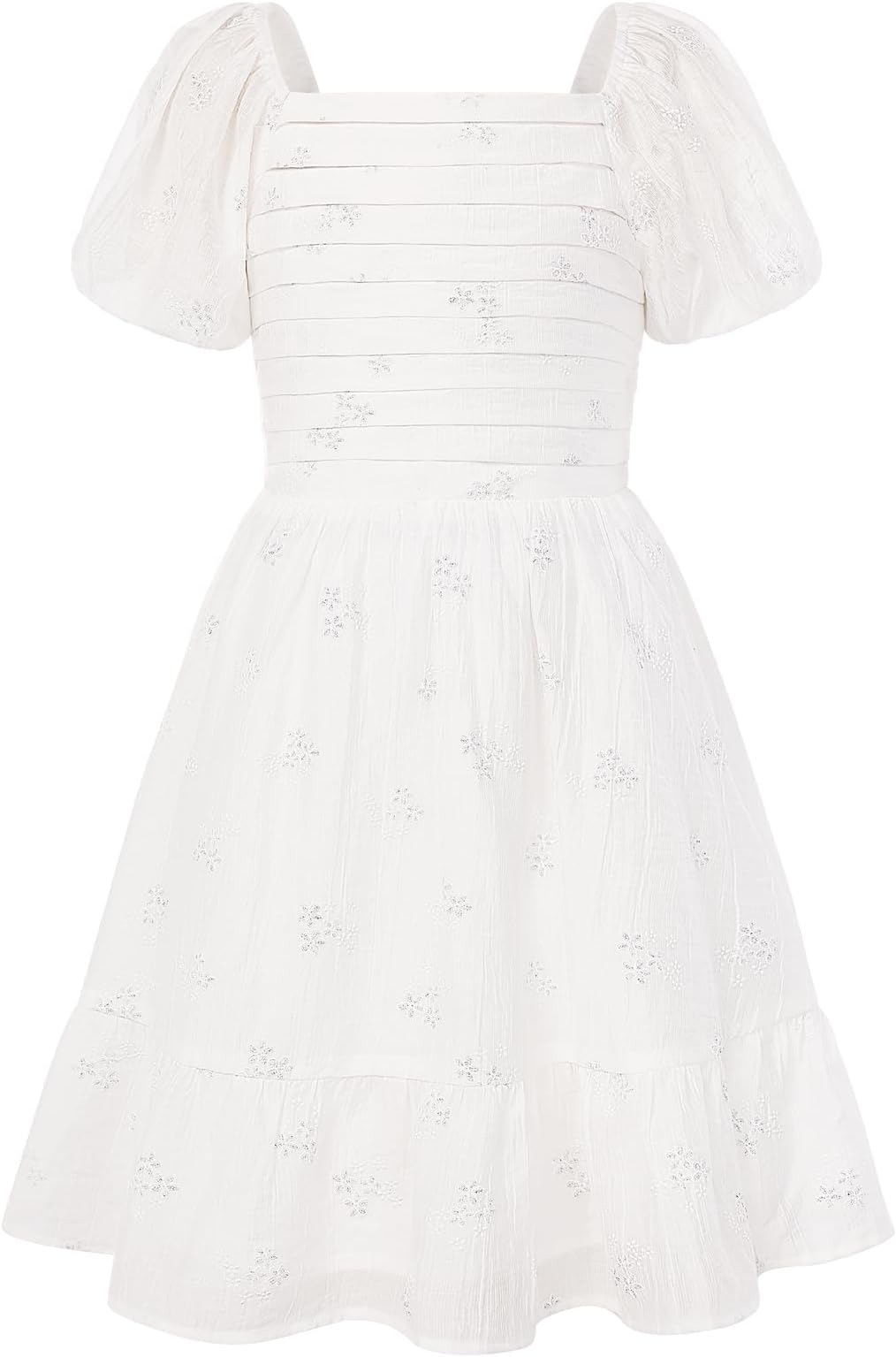 Girls Summer Dress Puff Sleeve Square Neck A Line Floral Dresses with Back Bow Tie Beach Wedding 7-14 Years