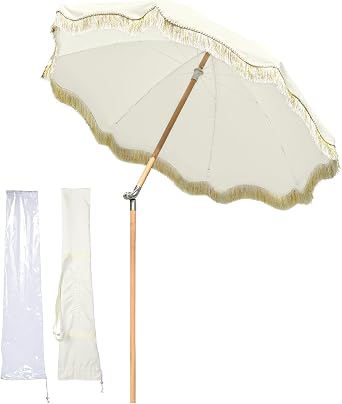 LAGarden Fringe Patio Umbrella with Carry Bag & Cover Vintage Wood for