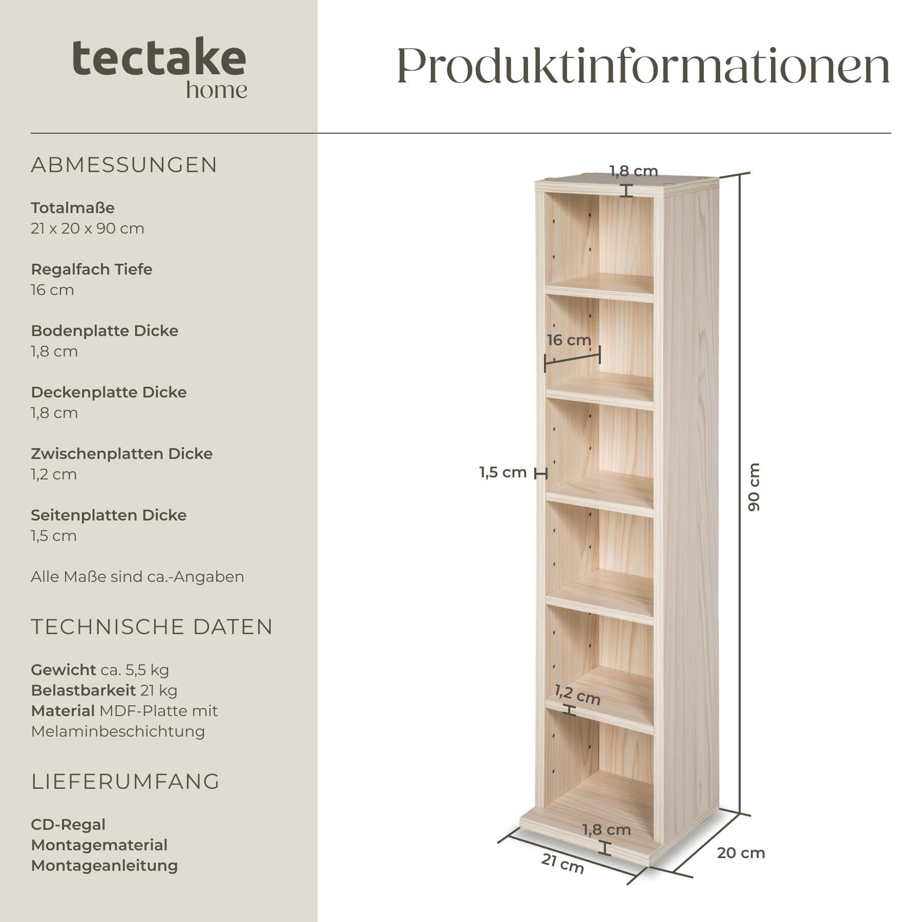 tectake® CD Regal für bis zu 102 CDs - Aufbewahrung für CD Hüllen, DVD Ständer, Holzregal Wand, Wohnzimmerschrank, Büroschrank, Offenes Stauraumregal - Buche