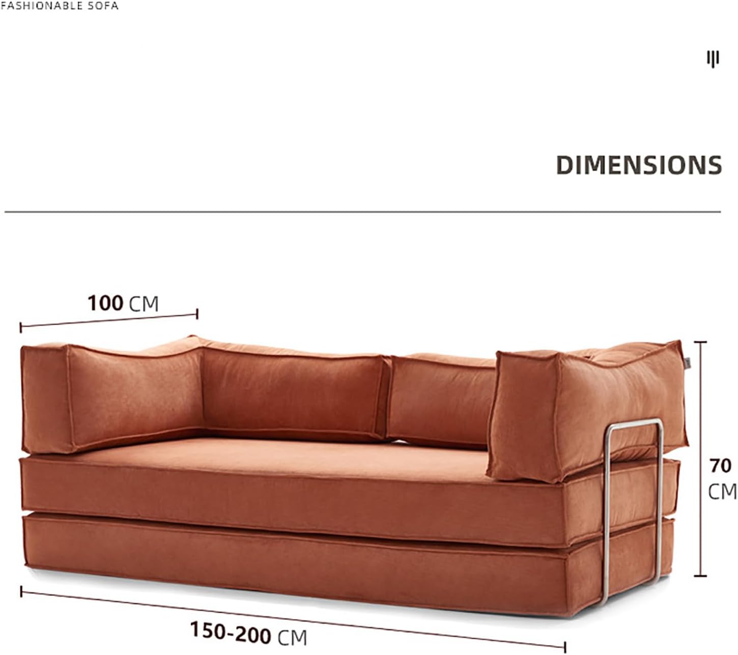 Diagram showing the dimensions of the convertible folding mattress couch in sofa configuration.