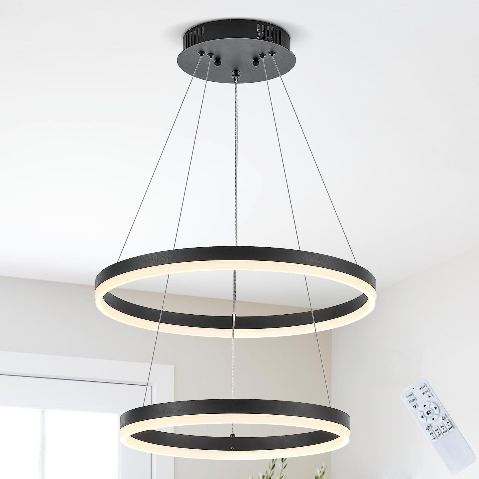 Modern Led Chandelier 2-Ring Black Chandelier Light Fixture Dimmable Circular Flush Mount Pendant Light for Dining Room Bedroom