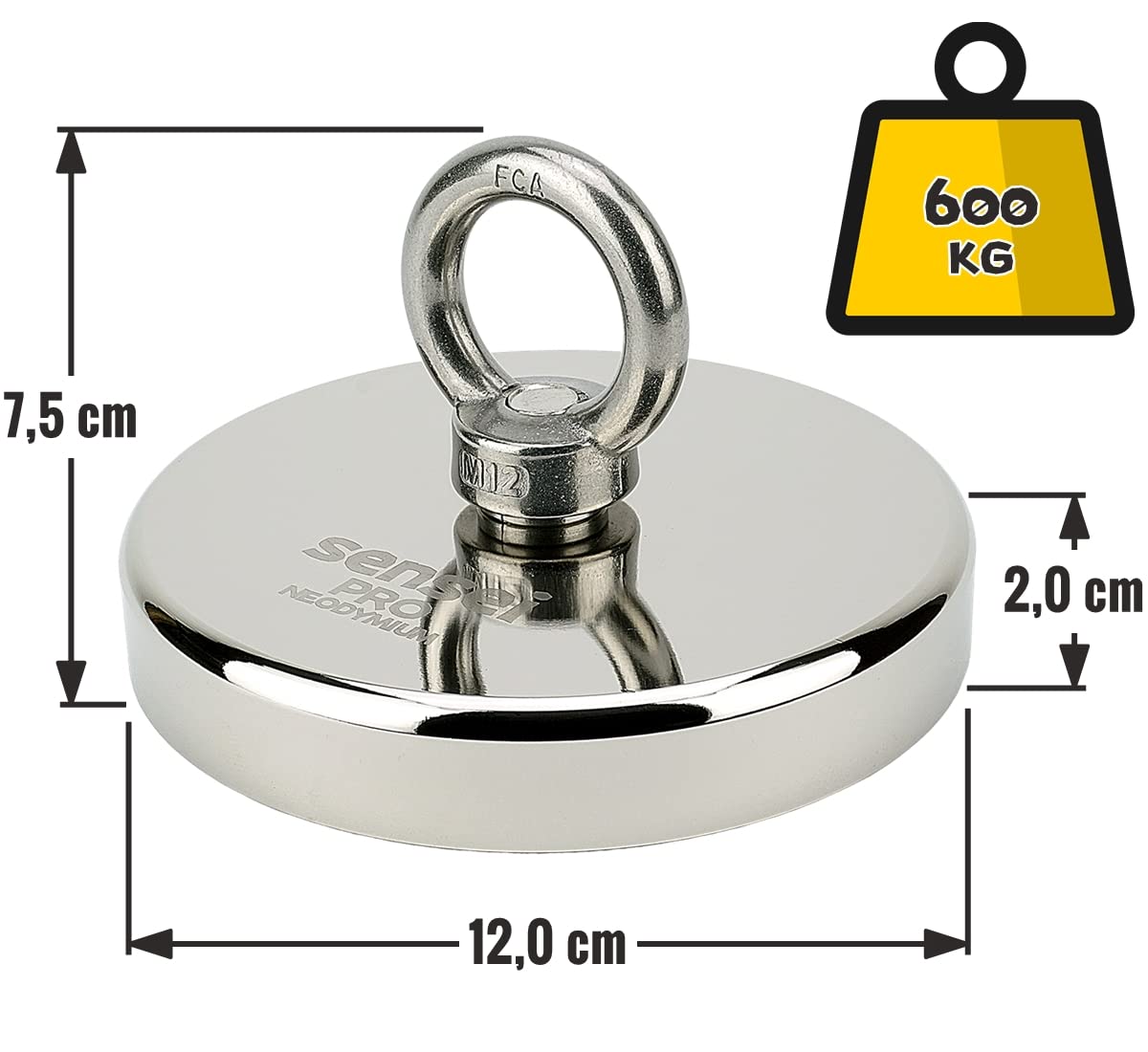 SENSEI® Magnete al Neodimio Potente – 600 kg di Forza, Ø 120 mm – Super Forte Calamita con Dado ad Occhiello da Pesca Magnetica, Uso Industriale, Casa, Officina e Sollevamento