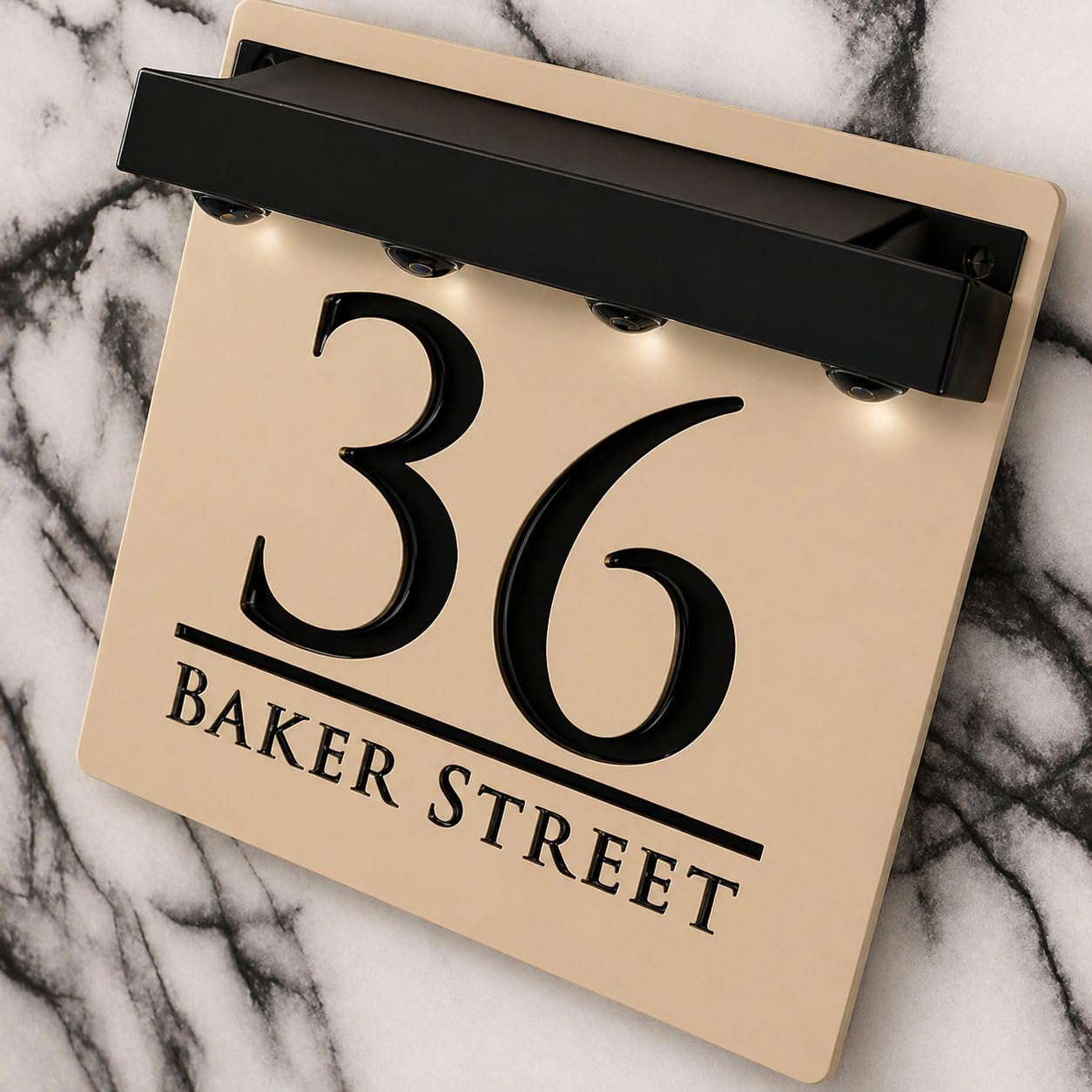K Smart Sign | Bellissima S1 LED F32 | Square Solar Light House Signs Door Number Plaques With LED Personalised Name Address Sign For Wall With Classic Text (Matt Khaki & Gloss Black)