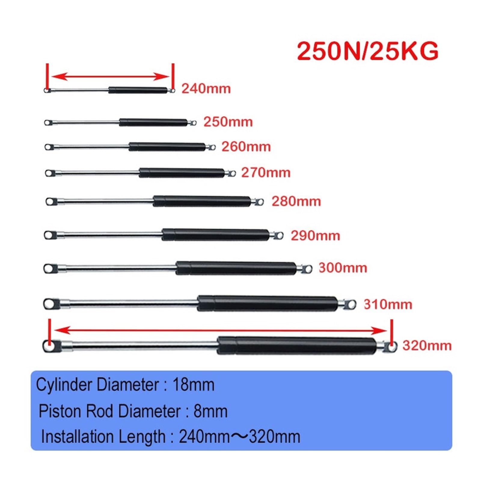 1 x podnośnik hydrauliczny 240 mm-320 mm, 25 kg/250 N, hydrauliczny zawias sprężynowy do szafek kuchennych, okuć meblowych (18-8-115-310)