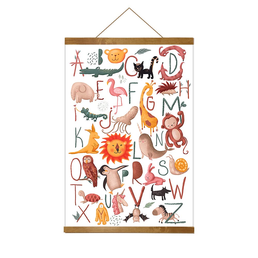 kids wall art abc animal poster children education learning alphabet print canvas kids room decor school decoration magnetic scroll wooden frame (16x23inch) can be hung