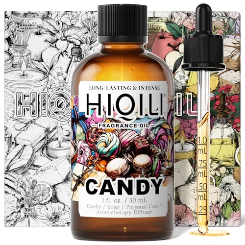Image of HIQILI Candy Fragrance Oil for Diffusers for Home - 1 Fl Oz | Long-Lasting Sweet Scent, Perfect for Soap & Candle Making, Pet Safe, Graduated Dropper Included