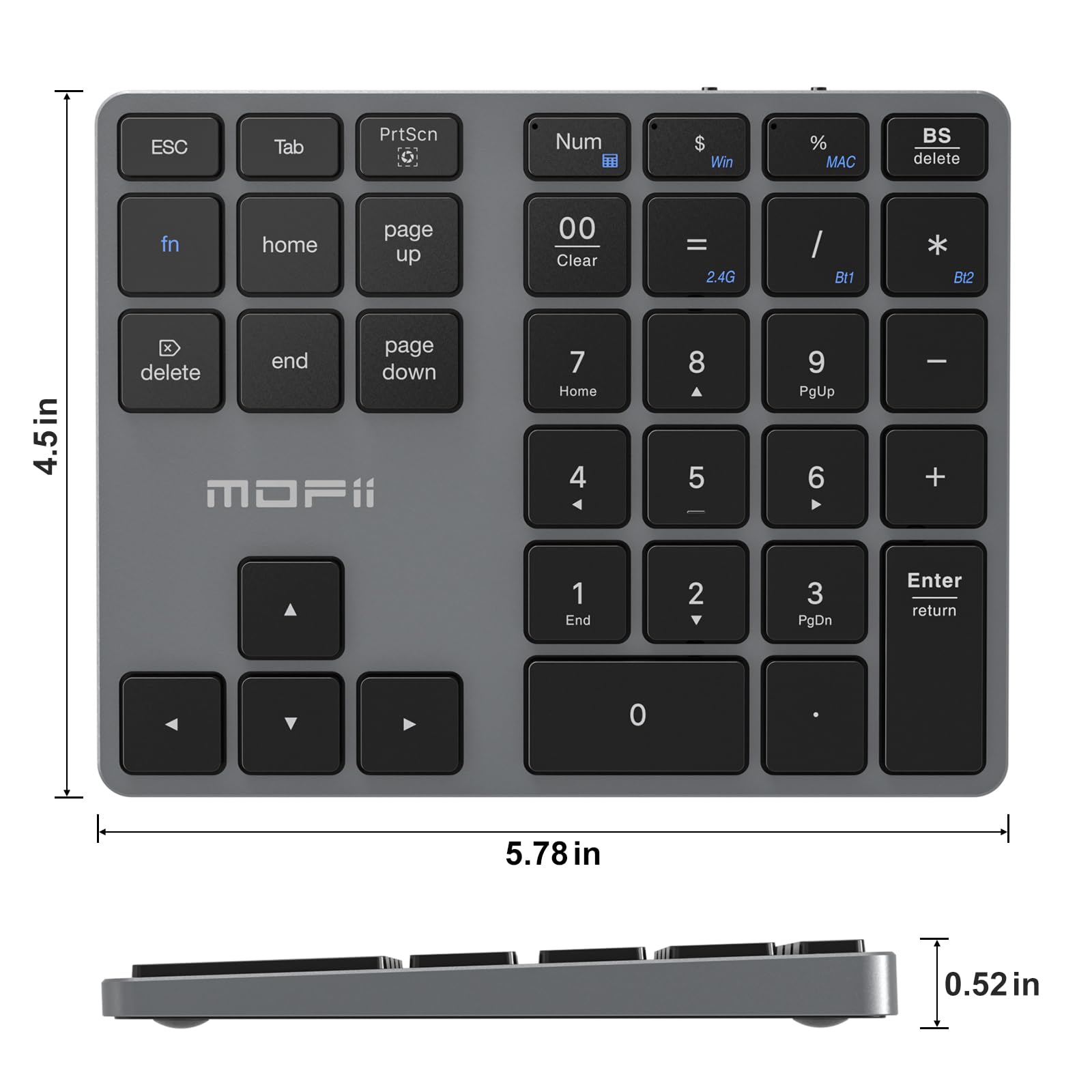 MOFII Teclado numérico inalámbrico Bluetooth gris con 35 teclas USB-C recargable, contabilidad de datos financieros portátiles de 10 teclas para computadora portátil/PC/computadora de escritorio
