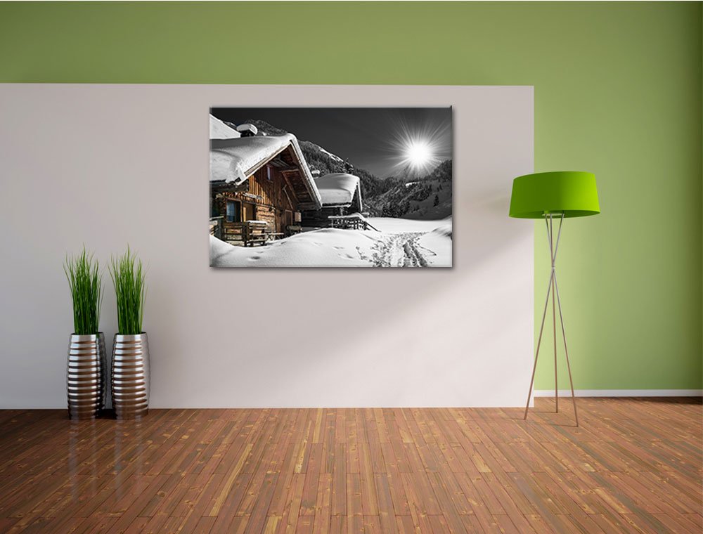 belle neige Alpes huttes noir / blanc Taille: 120x80 sur toile, énorme XXL Photos complètement encadrée avec civière, art impression sur murale avec cadre, moins cher que la peinture ou la peinture à l'huile, aucune affiche ou un poster