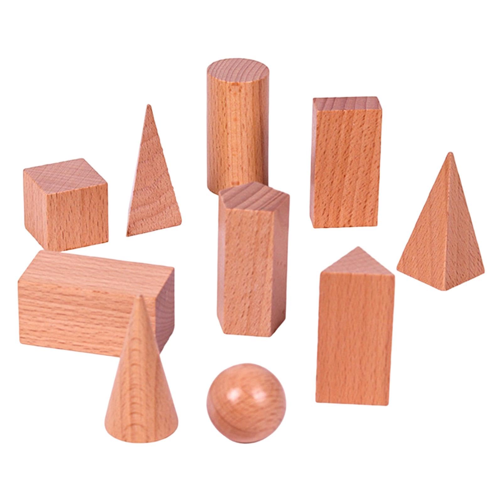 Sharplace 10 Figuras de Formas 3D, Sólidos Geométricos de Madera, Juego de Bloques de Patrones de Aprendizaje Montessori Sólidos para Preescolar, Aula, Primaria, Hogar y Escuela