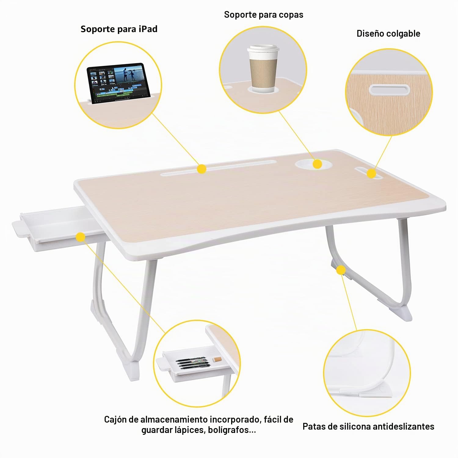 Amaredom Bandeja para Cama, Mesa Plegable de Desayuno, Ideal para Portátil, Ordenador y Libros, Ergonómica, con Cajón de Almacenamiento y Soporte para Tazas - Blanco