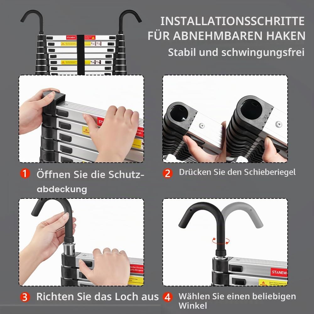 STANEW Teleskopleiter Aluminium 2,6m,Rutschfester Klappleiter Stehleiter Mehrzweckleiter, Abnehmbare Armlehne, Ausziehbare Leiter, Multifunktional Ladder, Maximale Belastbarkeit 150 kg