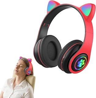 Mashin Cute Cat Ear Headphones for KidsCat Ear Wireless LED Light Headset with for PC,Phones,Stereo Sound Foldable Wireless Over-Ear Headset for Girls Boys Online Learning Supplies