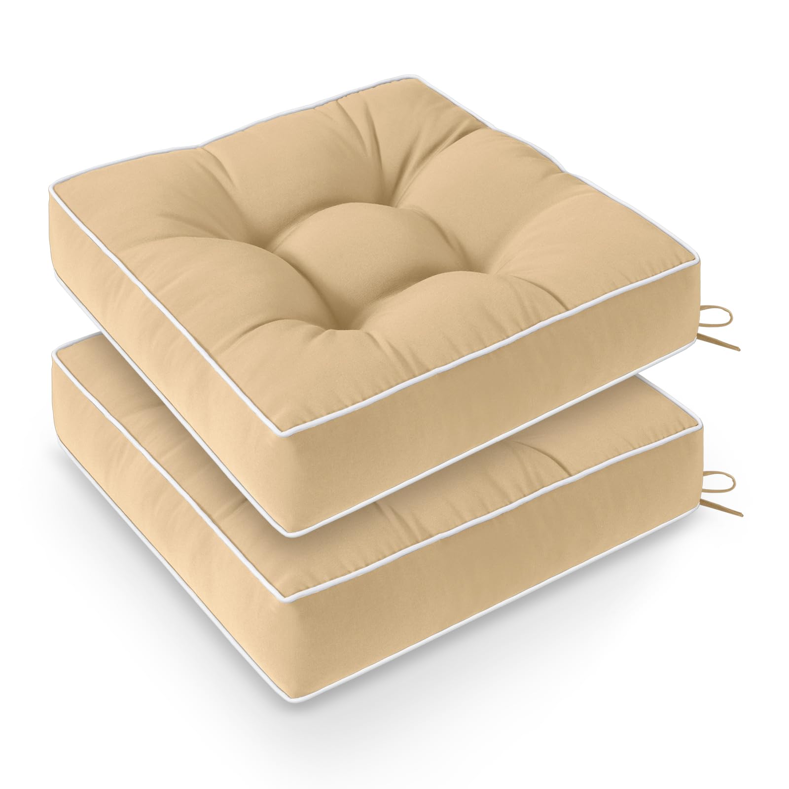 Outdoor Chair Cushions Set of 2, Patio Cushions for Outdoor Furniture, Tufted Waterproof Outdoor Chair Pads, 19 x 19 Inch, Khaki